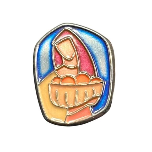 Vintage Israel Enamel Brooch Woman with Basket Pin Modernist Judaica Art - Picture 1 of 5